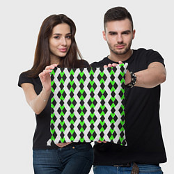 Подушка квадратная Чёрные и зелёные ромбы на белом фоне, цвет: 3D-принт — фото 2