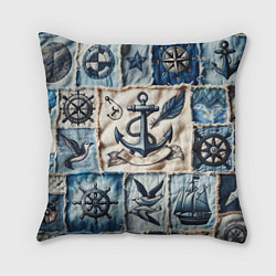 Подушка квадратная Пэчворк с якорем - джинсовка моряка, цвет: 3D-принт