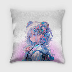 Подушка квадратная Девушка в стиле аниме с длинными волосами в розово, цвет: 3D-принт