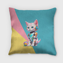 Подушка квадратная Кибер котёнок с мячиком - милашка, цвет: 3D-принт