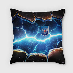 Подушка квадратная Синие неоновые плиты и герб РФ