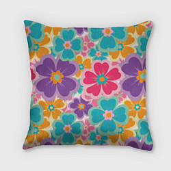 Подушка квадратная Яркий цветочный калейдоскоп - узор в стиле ретро, цвет: 3D-принт