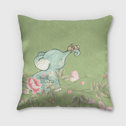 Подушка квадратная Слоненок с зайчиком в цветах на зеленом, цвет: 3D-принт