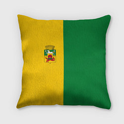 Подушка квадратная Новокузнецк, зелёно-жёлтый, герб и надпись на спин