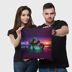 Подушка квадратная Шрек на мотоцикле на закате - нейроарт фантазия, цвет: 3D-принт — фото 2