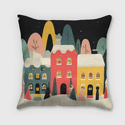 Подушка квадратная Разноцветные новогодние дома, цвет: 3D-принт