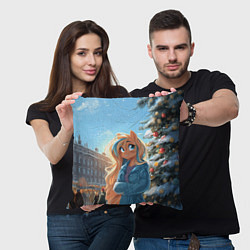 Подушка квадратная Лошадка на новогодней площади, цвет: 3D-принт — фото 2
