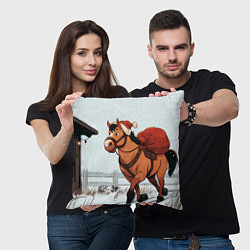 Подушка квадратная Лошадка везет новогодние подарки, цвет: 3D-принт — фото 2