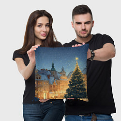 Подушка квадратная Новый год в старом городе, цвет: 3D-принт — фото 2