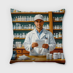 Подушка квадратная Фармацевт у аптечных полок, цвет: 3D-принт