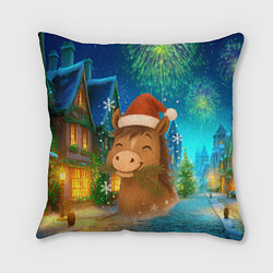 Подушка квадратная Новогодняя лошадка жует елочные ветки, цвет: 3D-принт