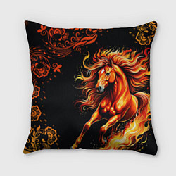 Подушка квадратная Огненный конь в русской хохломе, цвет: 3D-принт