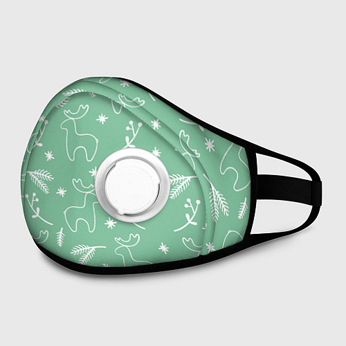 Маска с клапаном Зеленый рождественский узор с оленями / 3D-Белый – фото 2