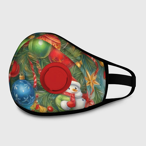 Маска с клапаном Новогодний принт на елке / 3D-Красный – фото 2