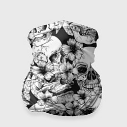 Бандана-труба Чёрно белые черепа и маки, цвет: 3D-принт