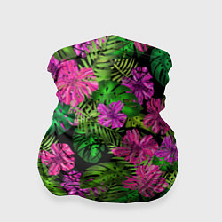 Бандана-труба Тропические листья и цветы на черном фоне, цвет: 3D-принт