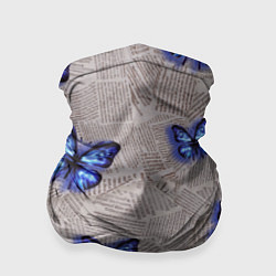 Бандана-труба Газетные обрывки и синие бабочки, цвет: 3D-принт