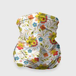Бандана-труба Хохломская роспись разноцветные цветы на белом фон, цвет: 3D-принт