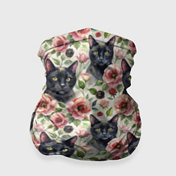 Бандана-труба Черный кот в розах, цвет: 3D-принт