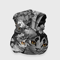 Бандана-труба С котами и рыбой на фоне сакуры в волнах, цвет: 3D-принт