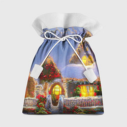 Мешок для подарков Украшенный новогодний коттедж и снежные сугробы, цвет: 3D-принт