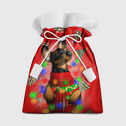 Мешок для подарков Новогодняя такса на красном фоне с ёлками, цвет: 3D-принт