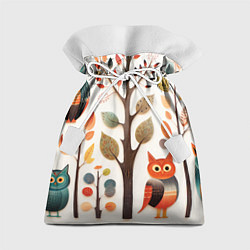 Мешок для подарков Совы в осеннем лесу в стиле фолк-арт, цвет: 3D-принт
