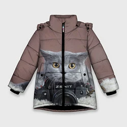 Куртка зимняя для девочки Котик фотограф, цвет: 3D-черный