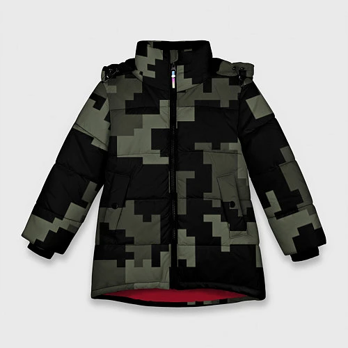 Зимняя куртка для девочки Камуфляж пиксельный: черный/серый / 3D-Красный – фото 1