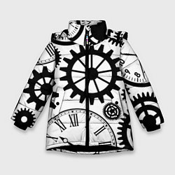 Куртка зимняя для девочки Часы и шестеренки, цвет: 3D-черный