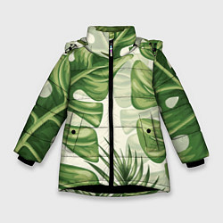Куртка зимняя для девочки Тропический папоротник, цвет: 3D-черный