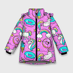 Куртка зимняя для девочки Сказочные единороги, цвет: 3D-светло-серый