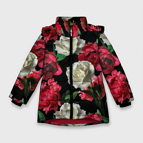 Зимняя куртка для девочки Красные и белые розы / 3D-Красный – фото 1