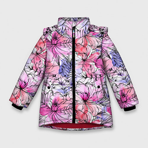 Зимняя куртка для девочки Акварельные цветы / 3D-Красный – фото 1