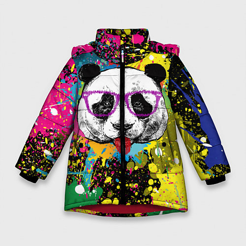 Зимняя куртка для девочки Панда хипстер в брызгах краски / 3D-Красный – фото 1
