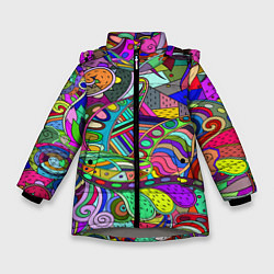 Куртка зимняя для девочки Дудлы узор разноцветный хиппи, цвет: 3D-светло-серый