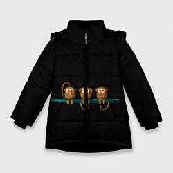 Куртка зимняя для девочки Обезьяны слух зрение речь трио, цвет: 3D-черный