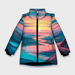 Куртка зимняя для девочки Извилистая река закат природа, цвет: 3D-черный