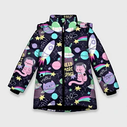 Куртка зимняя для девочки Коты-космонавты, цвет: 3D-черный
