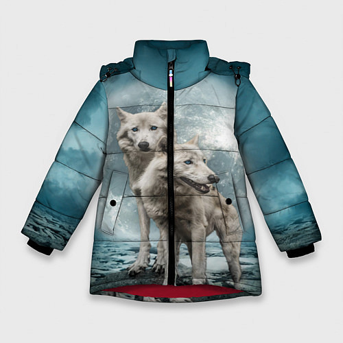 Зимняя куртка для девочки Волки альбиносы / 3D-Красный – фото 1