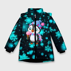 Куртка зимняя для девочки Новогодний пингвин, цвет: 3D-черный