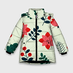 Куртка зимняя для девочки Цветы, ягоды, листья, цвет: 3D-черный