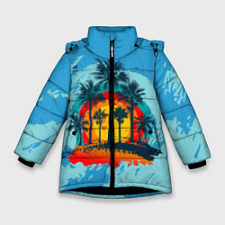 Куртка зимняя для девочки Море Пальмы Песок, цвет: 3D-черный