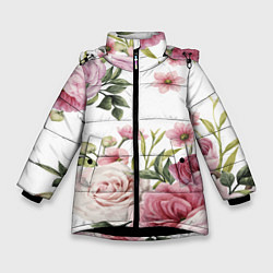 Куртка зимняя для девочки Розовые розы, цвет: 3D-черный