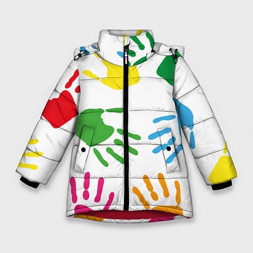 Зимняя куртка для девочки Цветные ладошки - Детский узор / 3D-Красный – фото 1