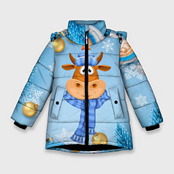 Куртка зимняя для девочки Милый новогодний бык, цвет: 3D-черный