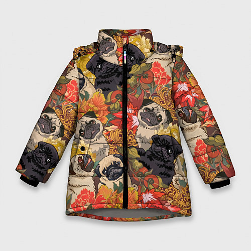 Зимняя куртка для девочки Мопсики Цветочки / 3D-Светло-серый – фото 1