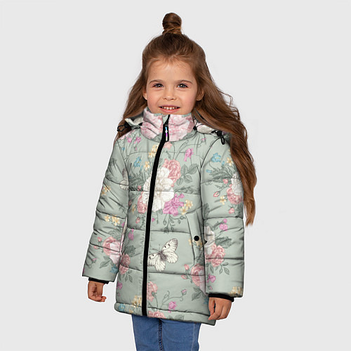 Зимняя куртка для девочки Бабочки в цветах / 3D-Светло-серый – фото 3