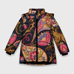 Куртка зимняя для девочки РОСПИСЬ ЦВЕТАМИ, цвет: 3D-черный