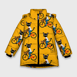 Куртка зимняя для девочки Котики на велосипедах, цвет: 3D-черный